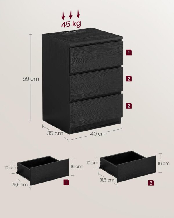 VASAGLE Set de 2 noptiere, cu sertare, 2 prize si 2 USB, 35x40x59 cm, negru - imagine 3