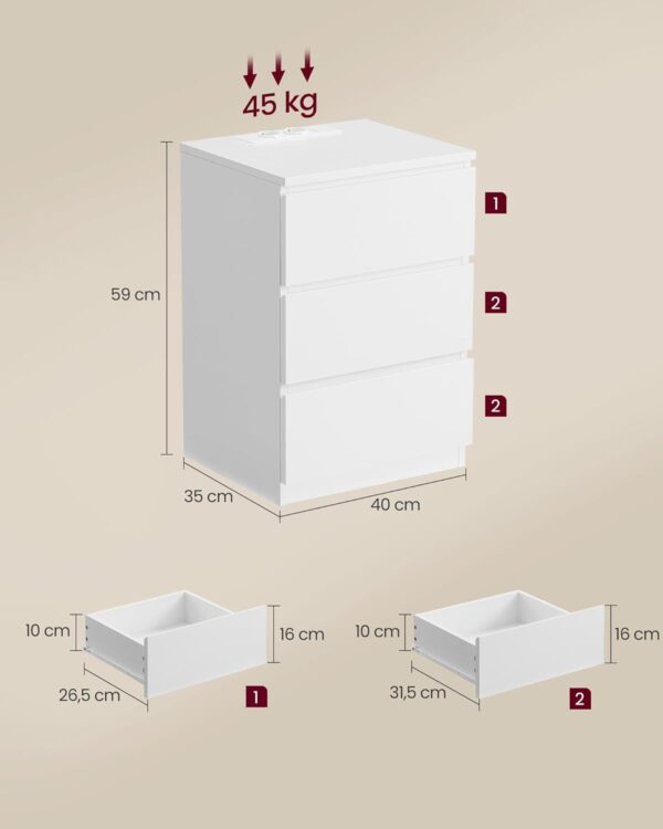VASAGLE Set de 2 noptiere, cu sertare, 2 prize si 2 USB, 35x40x59 cm, alb - imagine 3