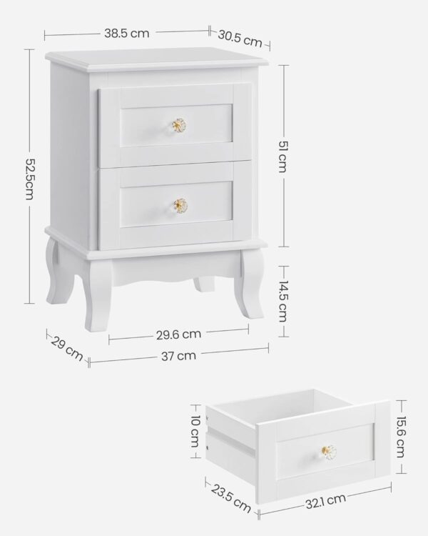 VASAGLE Set de 2 noptiere din MDF, cu sertare, 39x31x53 cm, alb - imagine 3