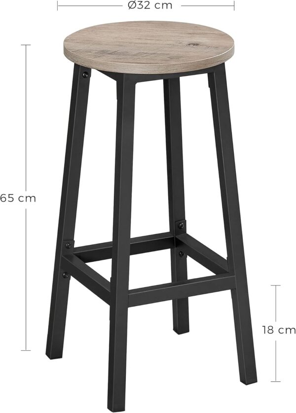 VASAGLE Set 2 scaune bar inalte, sezut rotund, cadru din otel, inaltime 65 cm, stil industrial, gri - imagine 3