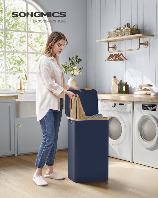SONGMICS Cos de rufe textil, pliabil, compartiment detasabil, 90L, 42x32x71 cm, albastru - imagine 3