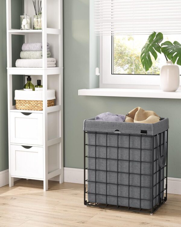 SONGMICS Cos de rufe pliabil cu cadru metalic, sac detasabil si lavabil, 90L, 48x33x58cm, negru si gri - imagine 3