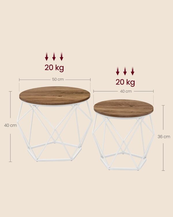 VASAGLE Set de 2 mese de cafea rotunde, cadru otel si blat detasabil, 40cm si 50cm, alb si maro - imagine 3