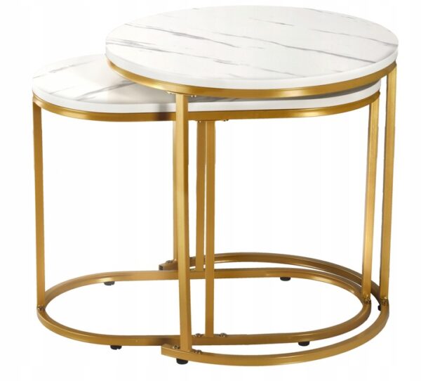 Set 2 mese pentru cafea, cadru otel, blat MDF model marmura, 50x50x50 cm si 60x32x44 cm, alb si auriu - imagine 6