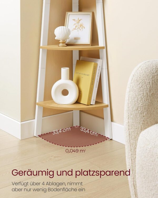 VASAGLE Raft de colt cu 4 etaje, tip biblioteca, cadru metal si polite lemn, 34x34x125 cm, alb si maro - imagine 4