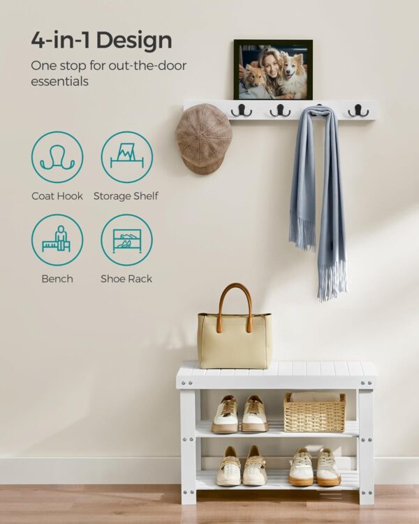 SONGMICS Set multifunctional pentru hol cu banca pentru pantofi si cuier, din bambus, 29x70x45 cm, alb - imagine 4