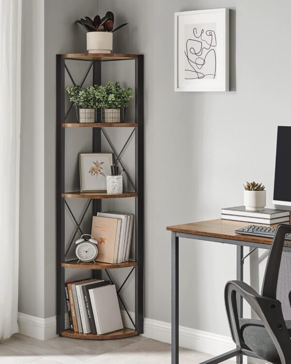 VASAGLE Biblioteca de colt cu 5 etaje, cadru metalic, stil industrial, 30x30x160 cm, maro rustic - imagine 4