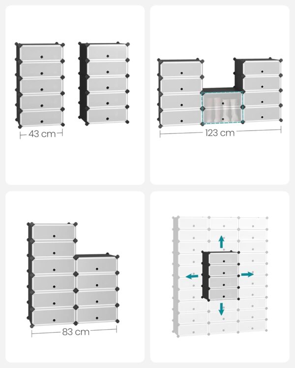 SONGMICS Dulap de depozitare pantofi modular, configurabil cu 10 compartimente, 43x31x173 cm, negru - imagine 4