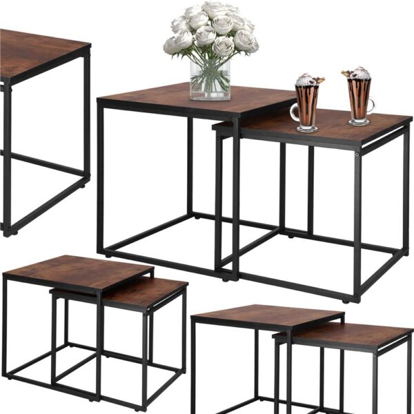 Set 2 mese pentru cafea, cadru otel, stil industrial, 50x50x52 cm si 45x45x47 cm, maro - imagine 5