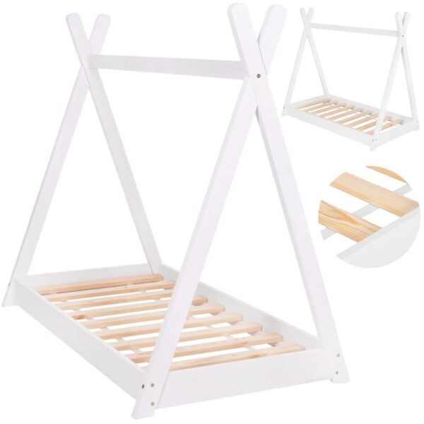 Pat din lemn pentru copii, model TeePee, somiera inclusa, 61x146x130 cm, alb - imagine 12