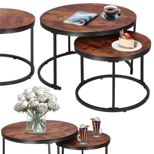 Set 2 mese pentru cafea suprapozabile, cadru otel, 70x70x47 cm si 50x50x40 cm, maro - imagine 5