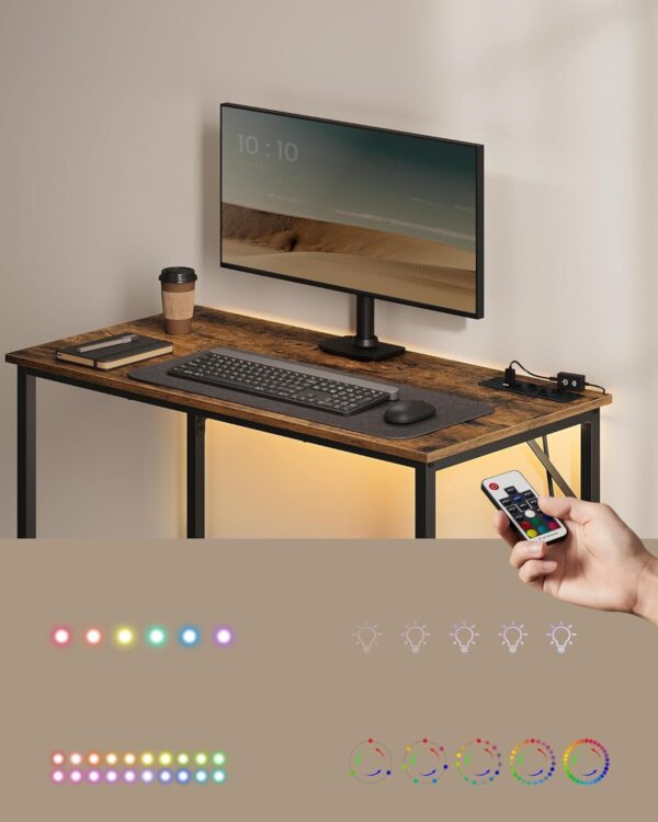 VASAGLE Birou cu iluminare LED, priza incorporata, 2 USB, 50x100x76 cm, maro rustic - imagine 3