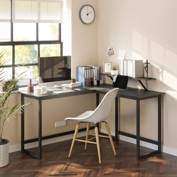 VASAGLE Birou in forma de L cu suport pentru monitor, cadru metalic, 140x130x76cm, negru - imagine 4
