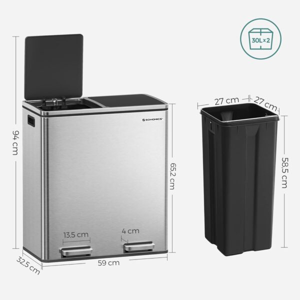 SONGMICS Cos de gunoi din inox cu 2 compartimente colectare selectiva, cu galeti interioare, 2x30litri, argintiu - imagine 4