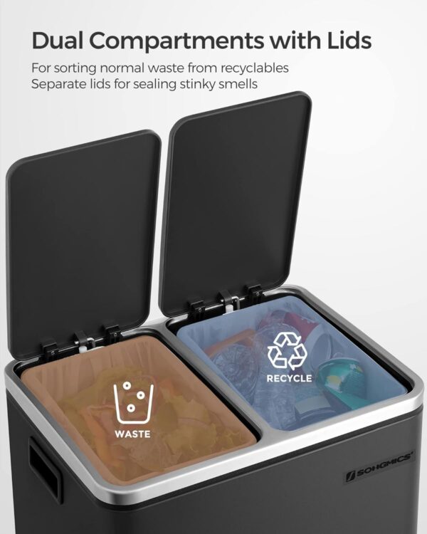 SONGMICS Cos de gunoi din inox cu 2 compartimente colectare selectiva, cu galeti interioare, 2x15litri, negru - imagine 4