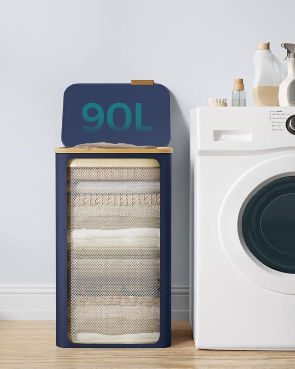 SONGMICS Cos de rufe textil, pliabil, compartiment detasabil, 90L, 42x32x71 cm, albastru - imagine 4