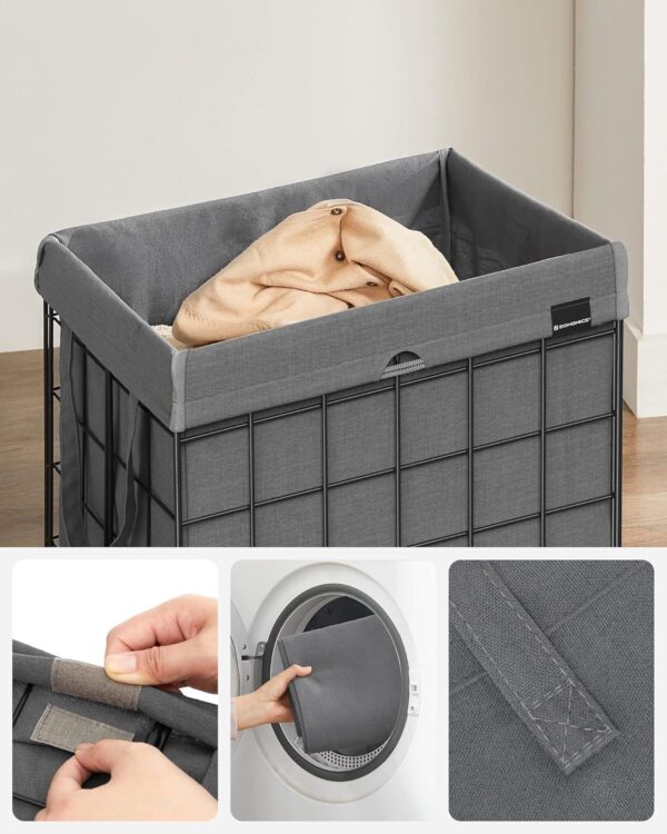 SONGMICS Cos de rufe pliabil cu cadru metalic, sac detasabil si lavabil, 90L, 48x33x58cm, negru si gri - imagine 4