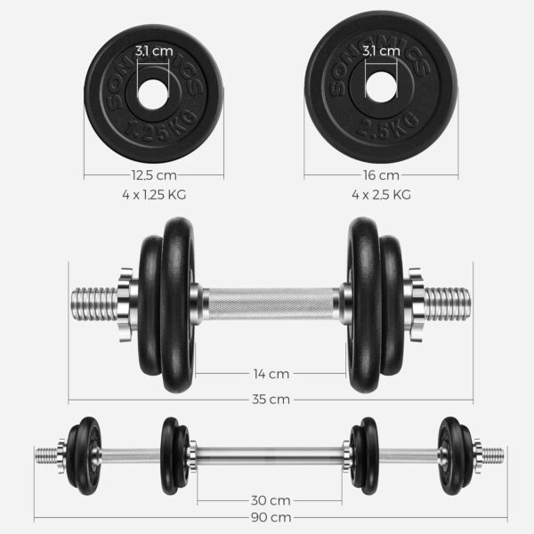 SONGMICS Set gantere si haltera reglabile, integral din otel, 20kg - imagine 6
