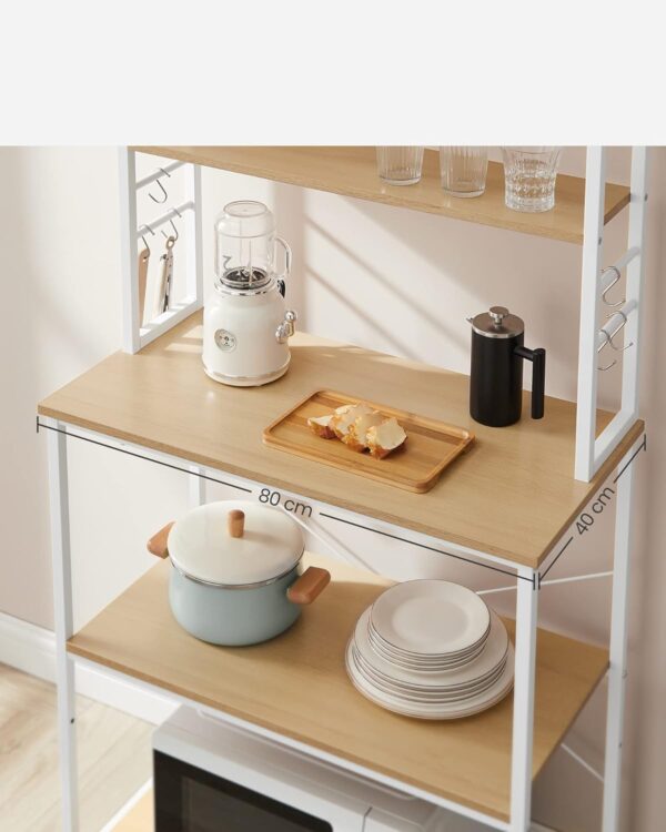 VASAGLE Raft de bucatarie cu spatiu pentru cuptorul cu microunde, 6 rafturi, otel, industrial, 40x80x167cm, maro stejar si alb - imagine 5