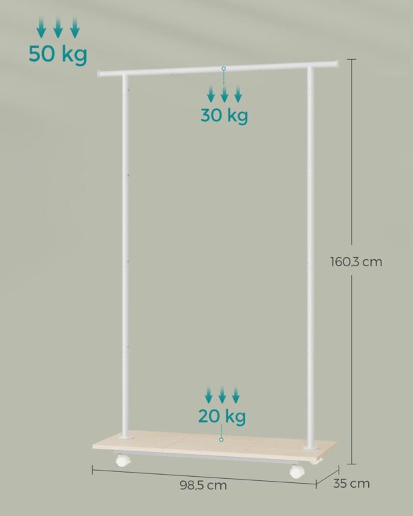 SONGMICS Suport pentru haine cu sina de agatat si polita inferioara, pe roti, 35x99x160 cm, alb - imagine 5
