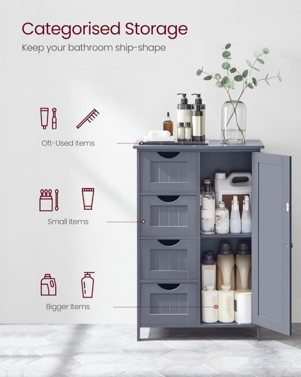 VASAGLE Dulap de baie, din MDF, cu 4 sertare, raft reglabil, 30x55x82 cm, gri - imagine 5