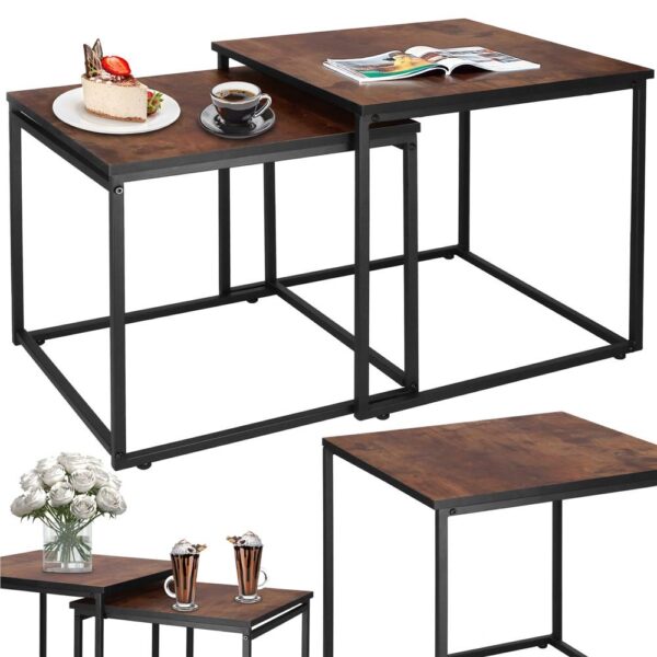 Set 2 mese pentru cafea, cadru otel, stil industrial, 50x50x52 cm si 45x45x47 cm, maro - imagine 6