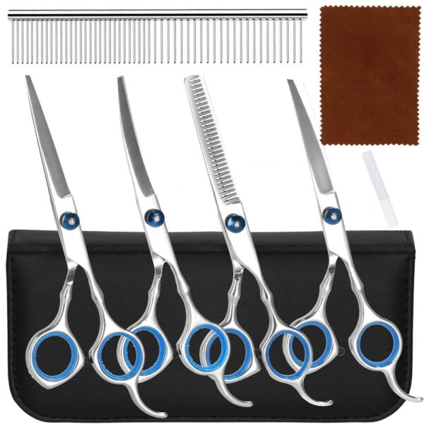 Set de ingrijire pentru animale de companie, cu 4 foarfece pentru tuns si accesorii - imagine 6