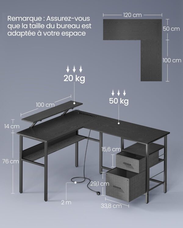 VASAGLE Birou in forma de L, suport monitor, raft si 2 sertare, 4 prize si 2 USB, 120x150x76 cm, negru - imagine 5