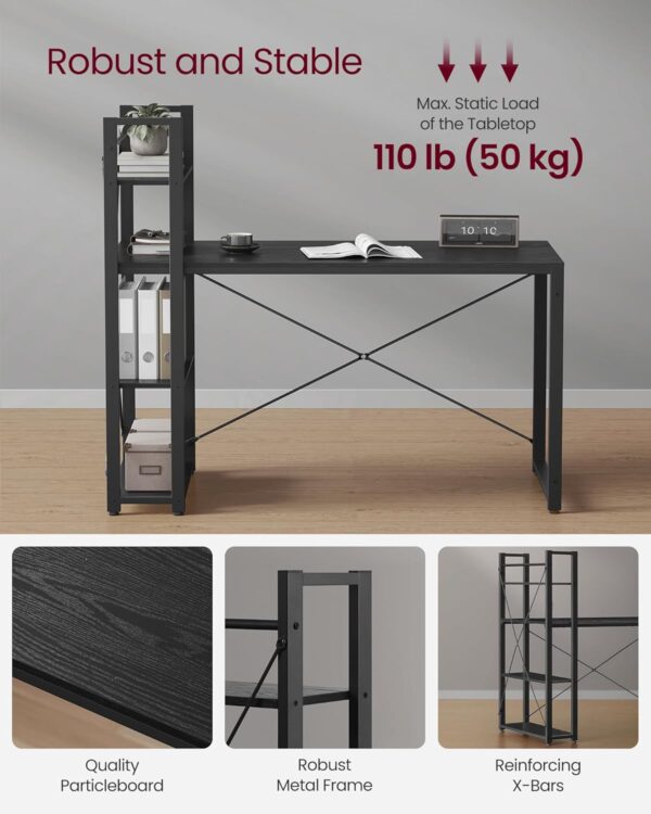 VASAGLE Birou cu raft lateral, montare stanga sau dreapta, industrial, 60x132x119 cm, negru - imagine 5