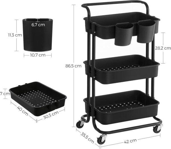 SONGMICS Carucior de depozitare pe roti, pentru bucatarie sau baie, cu 3 nivele, 42x34x86 cm, negru - imagine 5