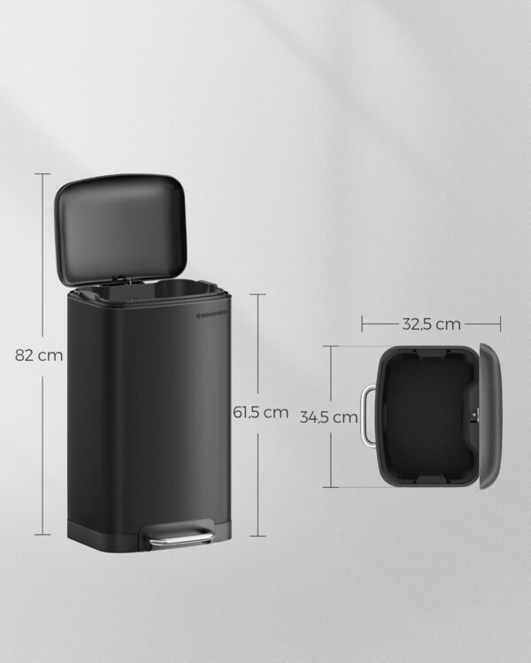 SONGMICS Cos de gunoi din otel, cu pedala si soft-close, galeata interioara, 30 litri, negru - imagine 5