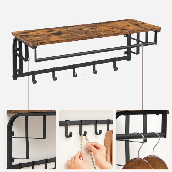 VASAGLE Cuier de perete cu raft de depozitare, 5 carlige, 30x80x27 cm, maro rustic - imagine 5