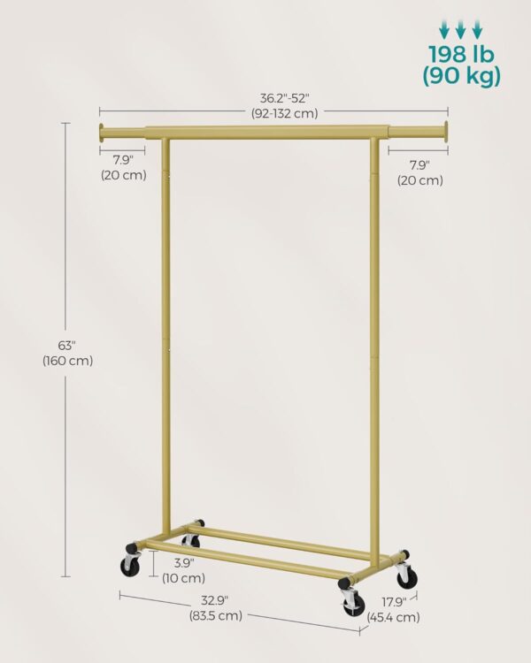 SONGMICS Suport pentru haine cu sina superioara extensibila, pe roti, reglabil pe latime, 45x(92-132)x160cm, auriu - imagine 5