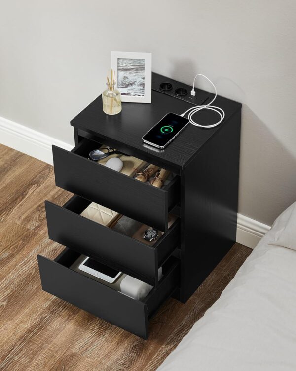 VASAGLE Set de 2 noptiere, cu sertare, 2 prize si 2 USB, 35x40x59 cm, negru - imagine 5