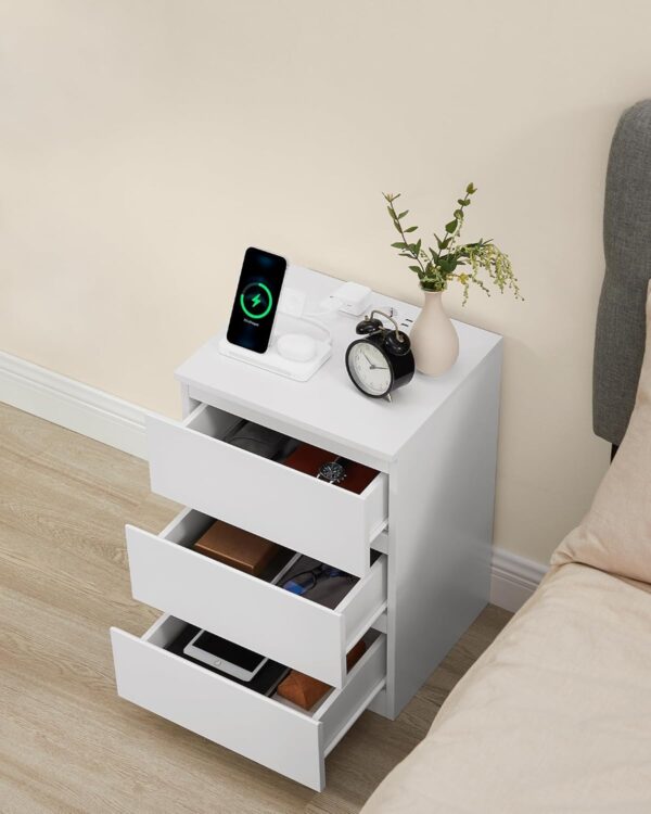 VASAGLE Set de 2 noptiere, cu sertare, 2 prize si 2 USB, 35x40x59 cm, alb - imagine 5