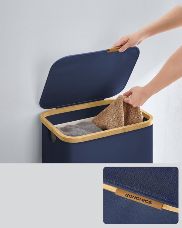 SONGMICS Cos de rufe textil, pliabil, compartiment detasabil, 90L, 42x32x71 cm, albastru - imagine 5