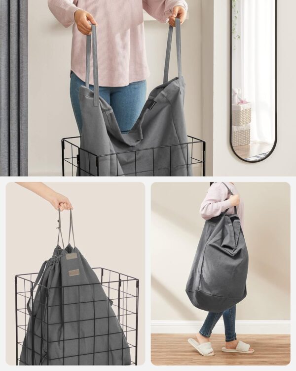 SONGMICS Cos de rufe pliabil cu cadru metalic, sac detasabil si lavabil, 90L, 48x33x58cm, negru si gri - imagine 5