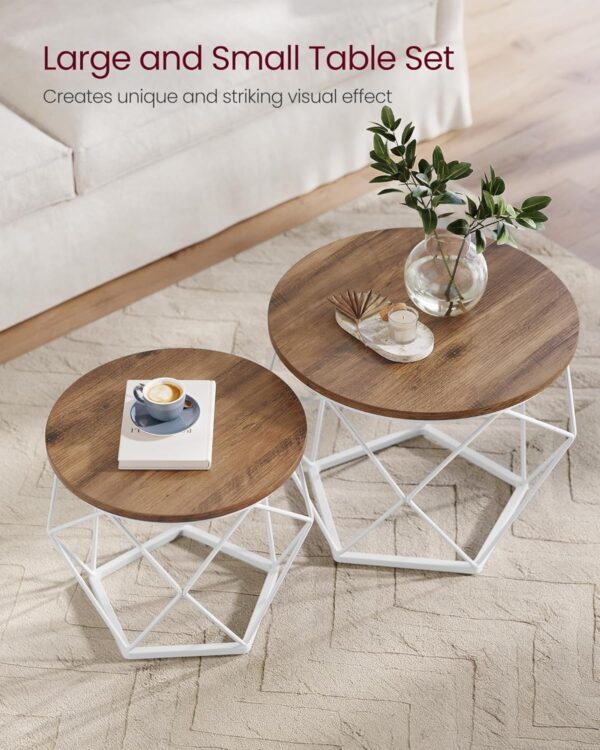 VASAGLE Set de 2 mese de cafea rotunde, cadru otel si blat detasabil, 40cm si 50cm, alb si maro - imagine 5