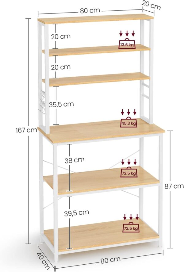VASAGLE Raft de bucatarie cu spatiu pentru cuptorul cu microunde, 6 rafturi, otel, industrial, 40x80x167cm, maro stejar si alb - imagine 6