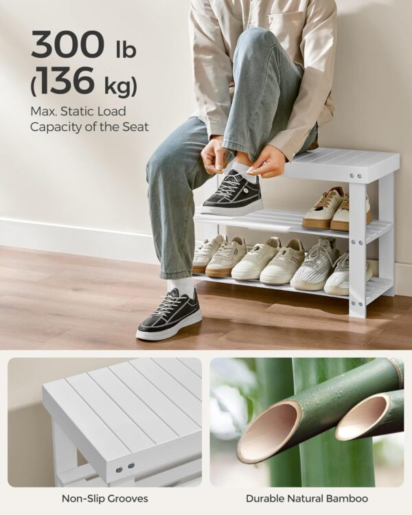 SONGMICS Set multifunctional pentru hol cu banca pentru pantofi si cuier, din bambus, 29x70x45 cm, alb - imagine 6