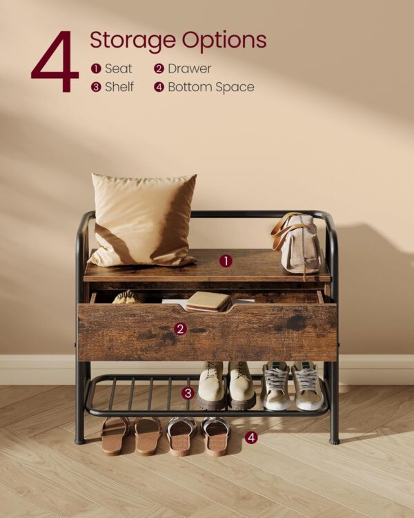 VASAGLE Pantofar cu banca de depozitare, raft si sertar, stil industrial, 30x80x64 cm, maro rustic - imagine 6
