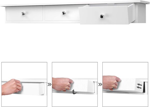 SONGMICS Raft de perete plutitor cu 3 sertare, din MDF lucios, 80x15x10 cm, alb - imagine 6