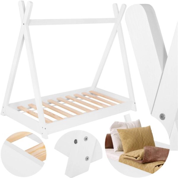 Pat din lemn pentru copii, model TeePee, somiera inclusa, 61x146x130 cm, alb - imagine 11