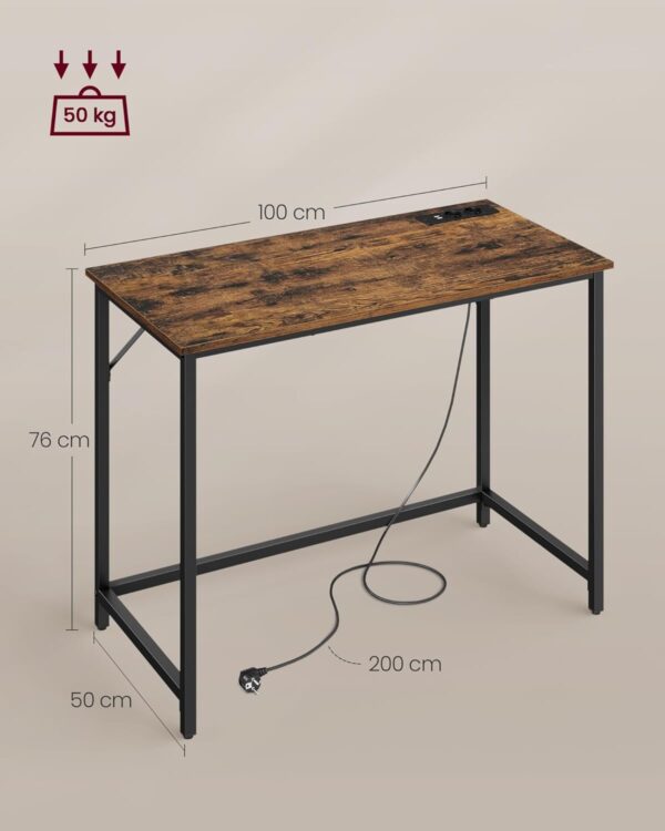 VASAGLE Birou cu iluminare LED, priza incorporata, 2 USB, 50x100x76 cm, maro rustic - imagine 5