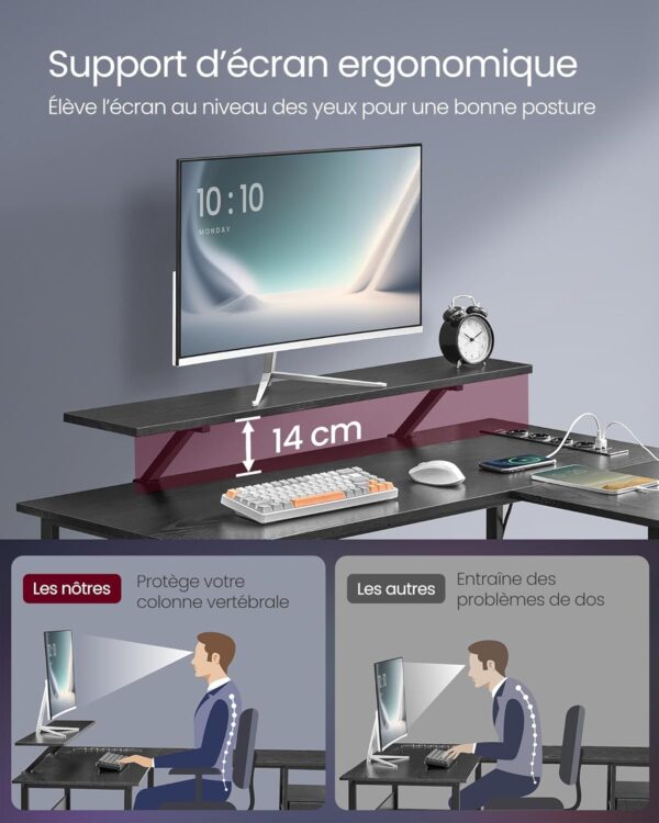 VASAGLE Birou in forma de L, suport monitor, raft si 2 sertare, 4 prize si 2 USB, 120x150x76 cm, negru - imagine 6
