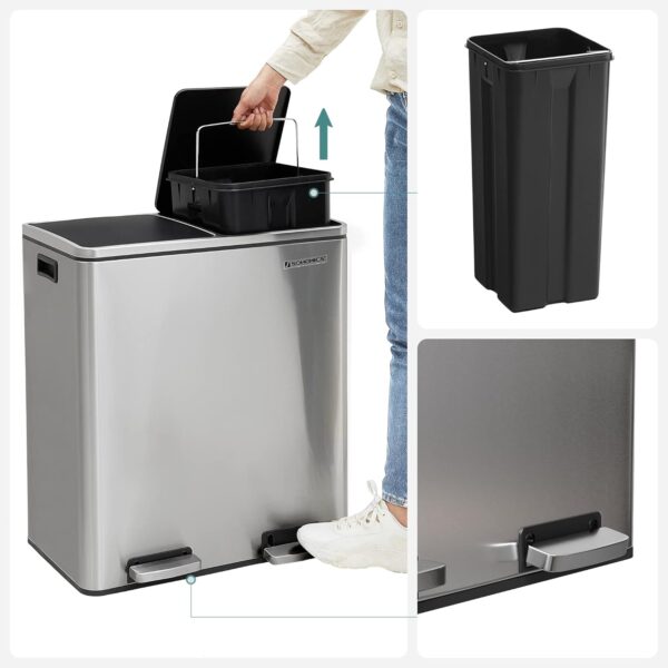 SONGMICS Cos de gunoi din inox cu 2 compartimente colectare selectiva, cu galeti interioare, 2x30litri, argintiu - imagine 6