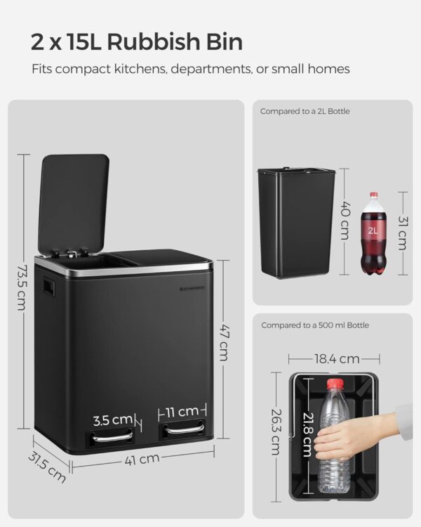 SONGMICS Cos de gunoi din inox cu 2 compartimente colectare selectiva, cu galeti interioare, 2x15litri, negru - imagine 6