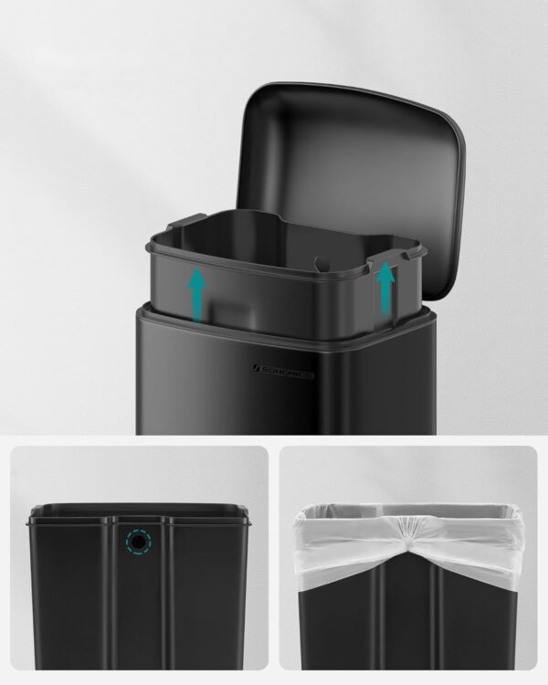 SONGMICS Cos de gunoi din otel, cu pedala si soft-close, galeata interioara, 30 litri, negru - imagine 6