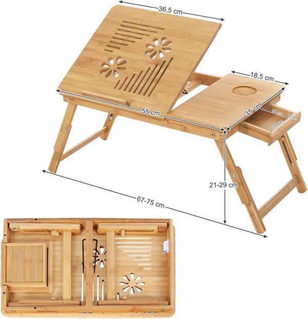 SONGMICS Masa de pat pentru laptop, plabila si reglabila, bambus, 55x35x29 cm, maro - imagine 6