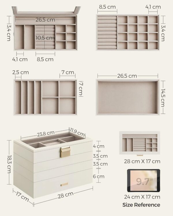 SONGMICS Cutie de bijuterii cu 4 nivele detasabile, MDF si PU, capac sticla, 17x28x18 cm, alb - imagine 4